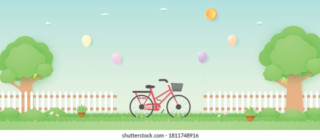 Spring Time, bicycle in the garden with colorful balloons flying above, bird on the branch, plant pots and beautiful flowers on grass with fence, paper art style