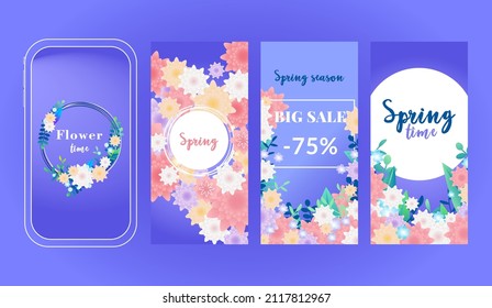 Spring Time. Big sale. Beautiful and colorful background with flowers, leaves, plants. Illustration for banner stories, phone mockup, social media post, web site and flyers