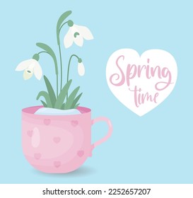 Hora de primavera. Flores de nieve florecientes en la taza de primavera. Suave flor blanca del bosque común nevando. Ilustración vectorial en estilo plano. Para diseño, decoración e impresión