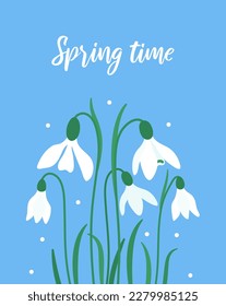 Hora de primavera. El florecimiento de las nevadas cae en el fondo azul. Hermosa flor silvestre de primavera. Planta de flores. Tarjeta de saludo, afiche, banner, plantilla de medios sociales. Ilustración vectorial.