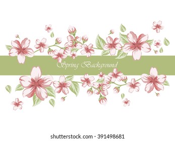 Spring Time Border card invitation with cherry flowers. Vector