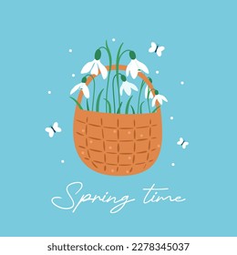 Spring time. Bouquet snowdrops flowers in basket. Spring beautiful wildflower. Blossom plant. Greeting card, poster, banner, social media template. Vector illustration.