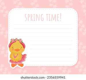Spring Time Card Frame with Cute Yellow Duckling Chick Vector Template