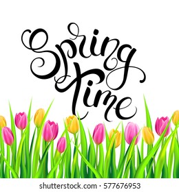 Spring time card with handwritten calligraphy lettering and tulips. Vector illustration.