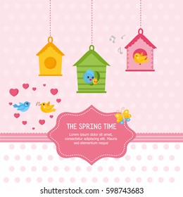 The Spring Time card template. Illustration with little birds, birdhouse and spring elements. Place for your text.