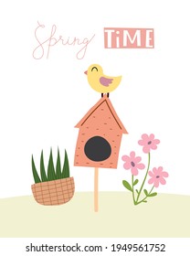 hora de primavera. Ave de dibujos animados, planta, flores, letras de dibujos a mano, elementos decorativos. ilustración vectorial de resorte colorida, estilo plano. diseño para impresión, tarjeta, decoración de afiches, cubierta