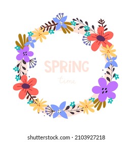 spring time. Cartoon floral wreath, hand drawing lettering, decoration elements. colorful vector illustration, flat style. design for print, greeting card, poster decoration, cover
