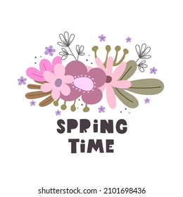 spring time. Cartoon flowers, hand drawing lettering, decoration elements. colorful spring vector illustration, flat style. design for print, greeting card, poster decoration, cover