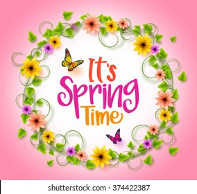 Spring Time in a Circle Frame with Wreath of Colorful Flowers, Vines and Leaves with Flying Butterflies in Pink Background. 3D Realistic Vector Illustration
