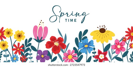 Hintergrunddesign für den Clipart im Frühling. Frühlingstext auf weißem Hintergrund ClipArt mit bunten und schönen Frühlingsblumen für Feiertage Banner Karte Vorlage Vektorgrafik.
