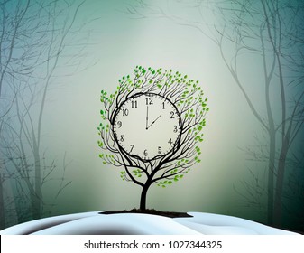 Spring time, spring clock, magic clock tree growing on soil in march day,  vector,