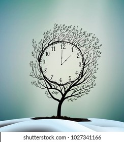 Spring time, spring clock, magic clock 
 willow catkin tree growing between the 
 melting, snow, vector,