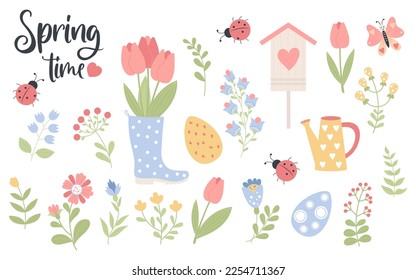 Spring time. Collection of flowers, rubber boot with bouquet tulips, watering can and ladybug. Isolated vector elements in flat style