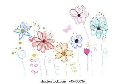 Spring time colorful cute modern doodle flowers