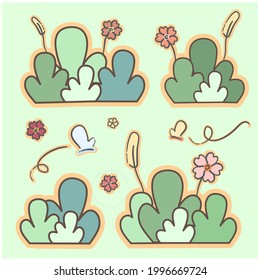 Spring time colorful doodle flowers. Colorful cute floral vector background. Cute cattail and butterflies