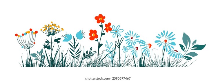 Spring time colorful doodle flowers. Abstract colorful floral vector background. Decorative cute flowers with butterflies. . hand drawing. Not AI, Vector illustration.