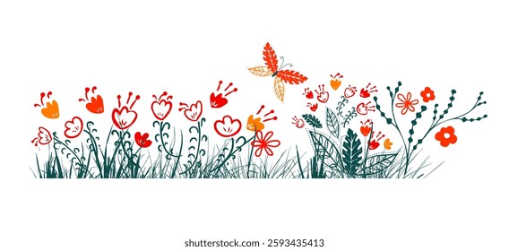 Spring time colorful doodle flowers. Abstract colorful floral vector background. Decorative cute flowers with butterflies. . hand drawing. Not AI, Vector illustration.