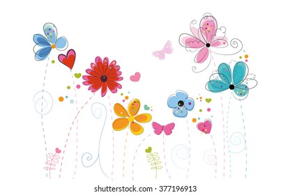 Spring Time Colorful Doodle Flowers Vector Background