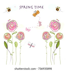 Spring Time Colorful Flowers, Bee, Butterfly. Floral Vector Illustration Background