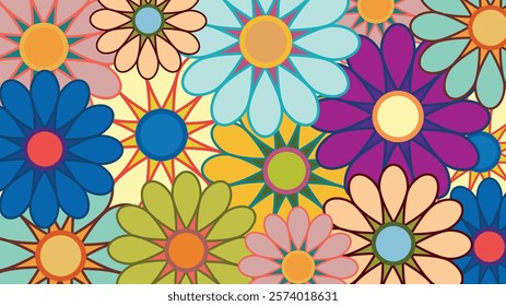 Spring time. Colorful turning flowers create a vibrant and cheerful retro design, perfect for adding a touch of flower power to any project. 