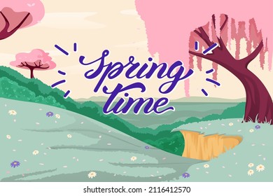 Hora de primavera. Paisaje de dibujos animados coloridos con árboles en flor. Campo soleado y colinas con flores. Vacaciones al aire libre.Vector. Plantilla para afiches, tarjetas, pancartas, publicidad.