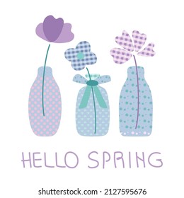 Spring time composition vector illustration with  vase and flowers, tulip, poppy flower and lettering HELLO SPRING in pastel tartan pattern flat design, POP ART style.