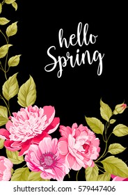 Spring time concept of card with blooming flowers isolated over blue background. Vector illustration.