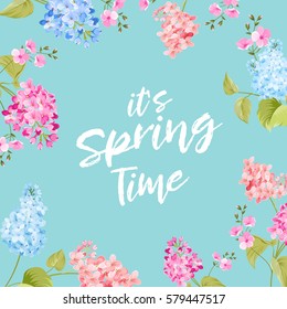 Spring time concept of card with blooming flowers isolated over blue background. Vector illustration.