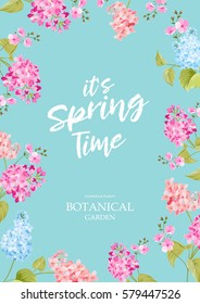 Spring time concept of card with blooming flowers isolated over blue background. Vector illustration.