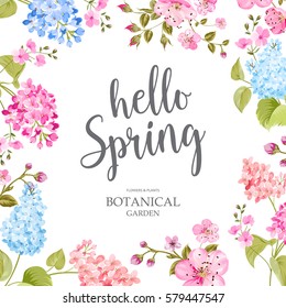 Spring time concept of card with blooming flowers isolated over blue background. Vector illustration.