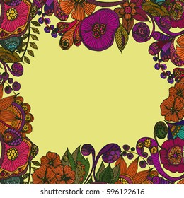 Spring time concept of card with blooming flowers isolated over yellow background. Vector illustration.