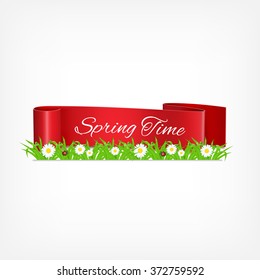 Spring time concept. Ribbon with green grass and chamomile. EPS10 vector
