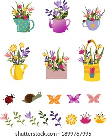 Spring time. Cup with flowers and a snail. Vector postcard on a white background. For invitations, greetings, logos and icons.