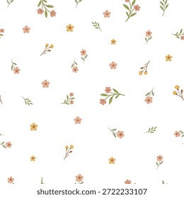 Spring time cute ditsy flowers white background seamless fabric design pattern