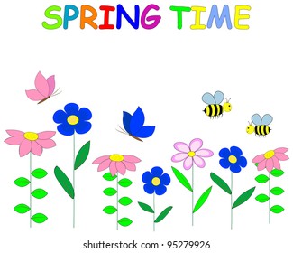 Spring time. Cute flowers; butterflies and bees. Vector Illustration.