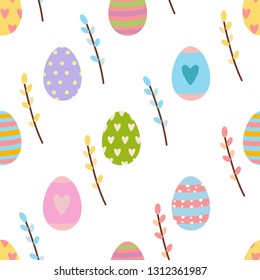 Spring time cute vector easter pattern made of eggs, hearts and willow twig or verba,rowan branch