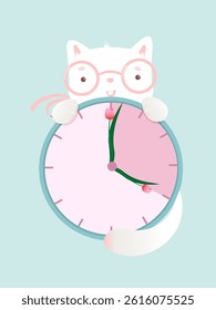 Spring time. Cute white kitty with clock and flower clock hands. Spring sticker or banner. 
