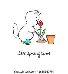It's spring time. Doodle illustration of a cute white cat putting flowers. Vector 8 EPS.