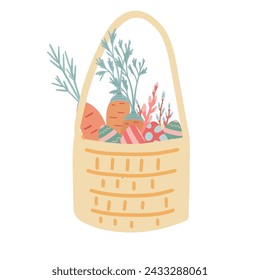 Spring time Easter basket flat design with carrots and coloured eggs