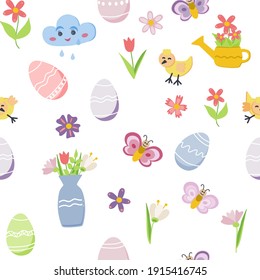 Spring time and easter collection of cute elements on white background. egg, bee, cloud, bird, flower Perfect for cards, stickers