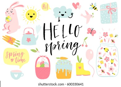 Spring time and easter collection of cute elements on white background. Cup, teapot, watering can, cake, egg bucket, birds, bunny, sun and cloud and much more. Perfect for cards, stickers