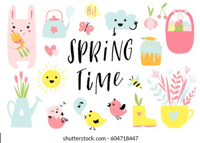 Spring time and easter collection of cute elements on white background. Cup, teapot, watering can, cake, egg bucket, birds, bunny, sun and cloud and much more. Perfect for cards, stickers