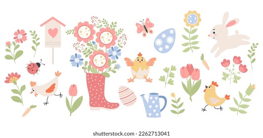 Spring time. Easter collection of paschal animal rabbit, chick and poultry, eggs, flowers, rubber boots with bouquet, watering can and ladybug. Vector illustration. Isolated elements in flat style
