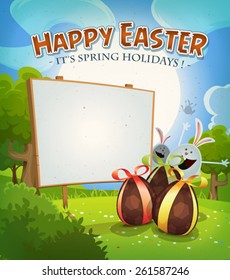 Spring Time And Easter Holidays/ Illustration of a cartoon happy easter holidays background in spring or summer season, with chocolate eggs gifts, rabbits, bunnies characters, and country landscape