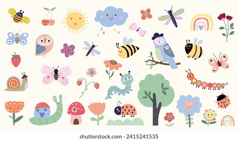 Spring time elements collection, funny animals, insects and flowers, childish seasonal design