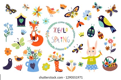 Spring time elements collection with seasonal decorative items, vector design