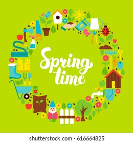 Spring Time Flat Circle. Set of Nature Garden Objects with Handwritten Lettering.