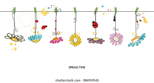 Spring Time Floral Background With Hanging Colorful Daisy Vector