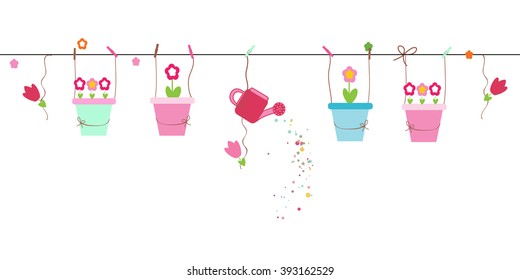Spring time floral background. Hanging colorful flower pots.Happy vector background