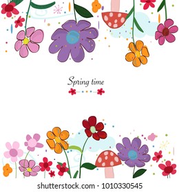 Fondo floral adorable primaveral. Flores de primavera y champiñones coloridos. Fondo de la hora de primavera